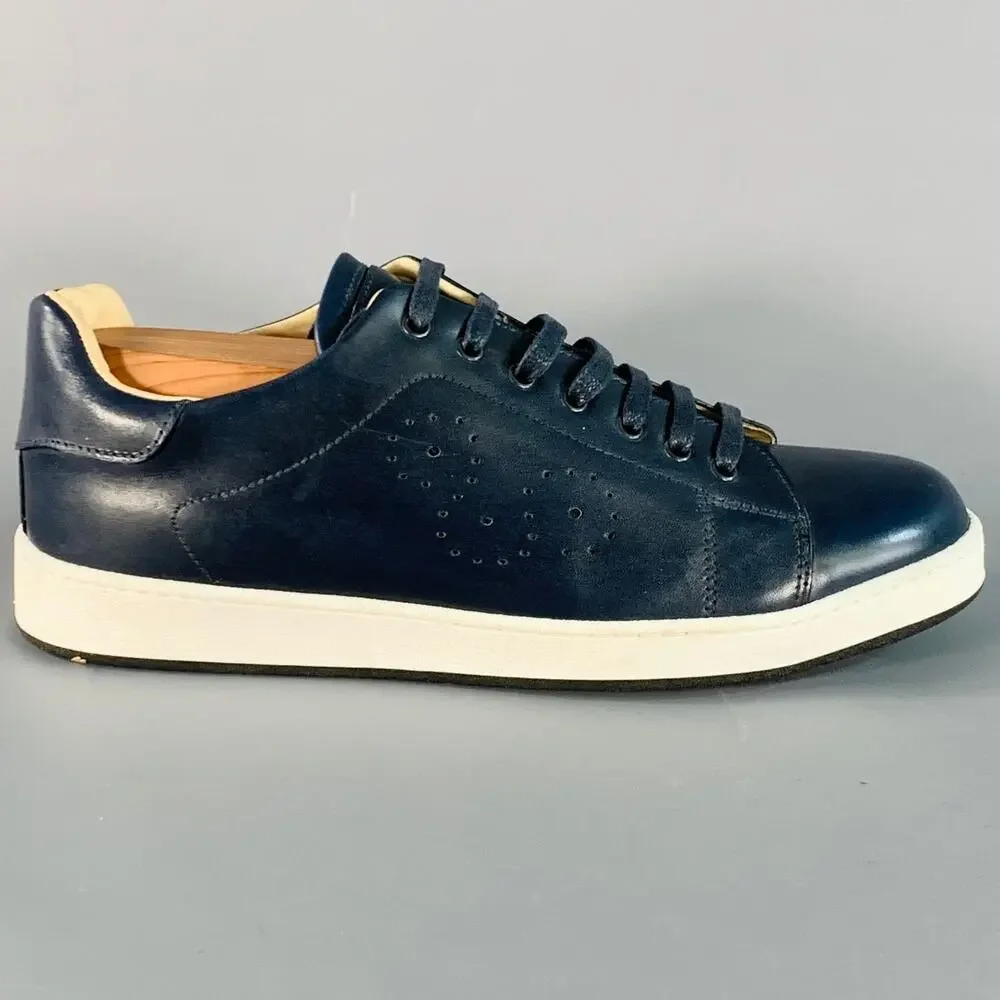 BUGATCHI Size 8 Navy Perforated Leather Low Top Sneakers
